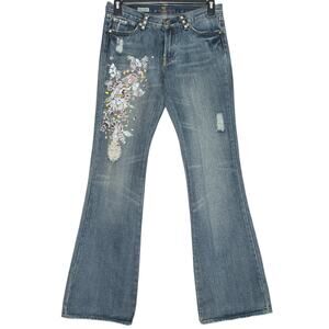 7 For All Mankind Zac Posen Jeans Bootcut Y2K Embroidered Boho Floral 29 Flawed